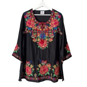 Durga‎ Womens Tunic Top Black Floral Embroidered Peasant